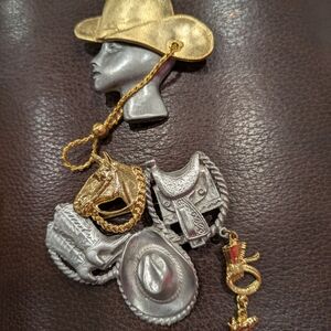 Vitage 1980s Ultra Craft Gold and Silver Cowboy Hat and Saddle Brooch Set Of 2